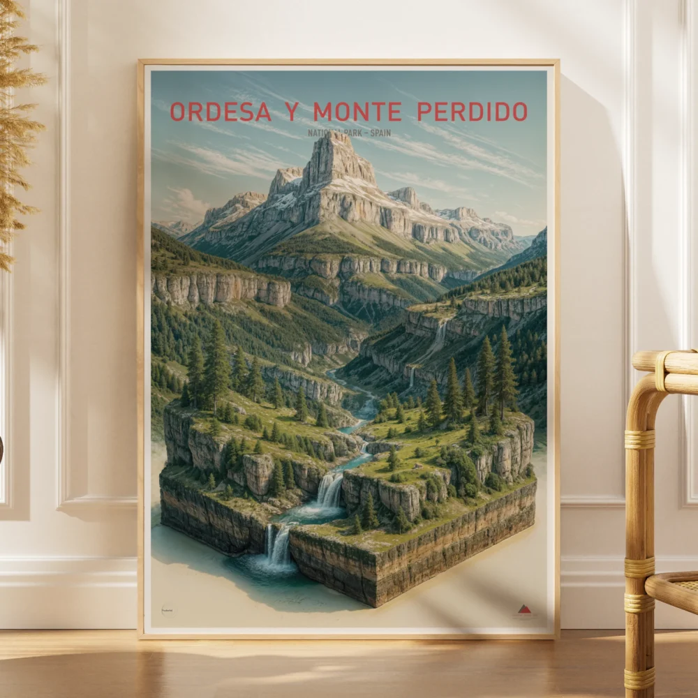 Explorer poster of Ordesa y Monte Perdido National Park in Spain as a 3D canyon and mountain landscape miniature