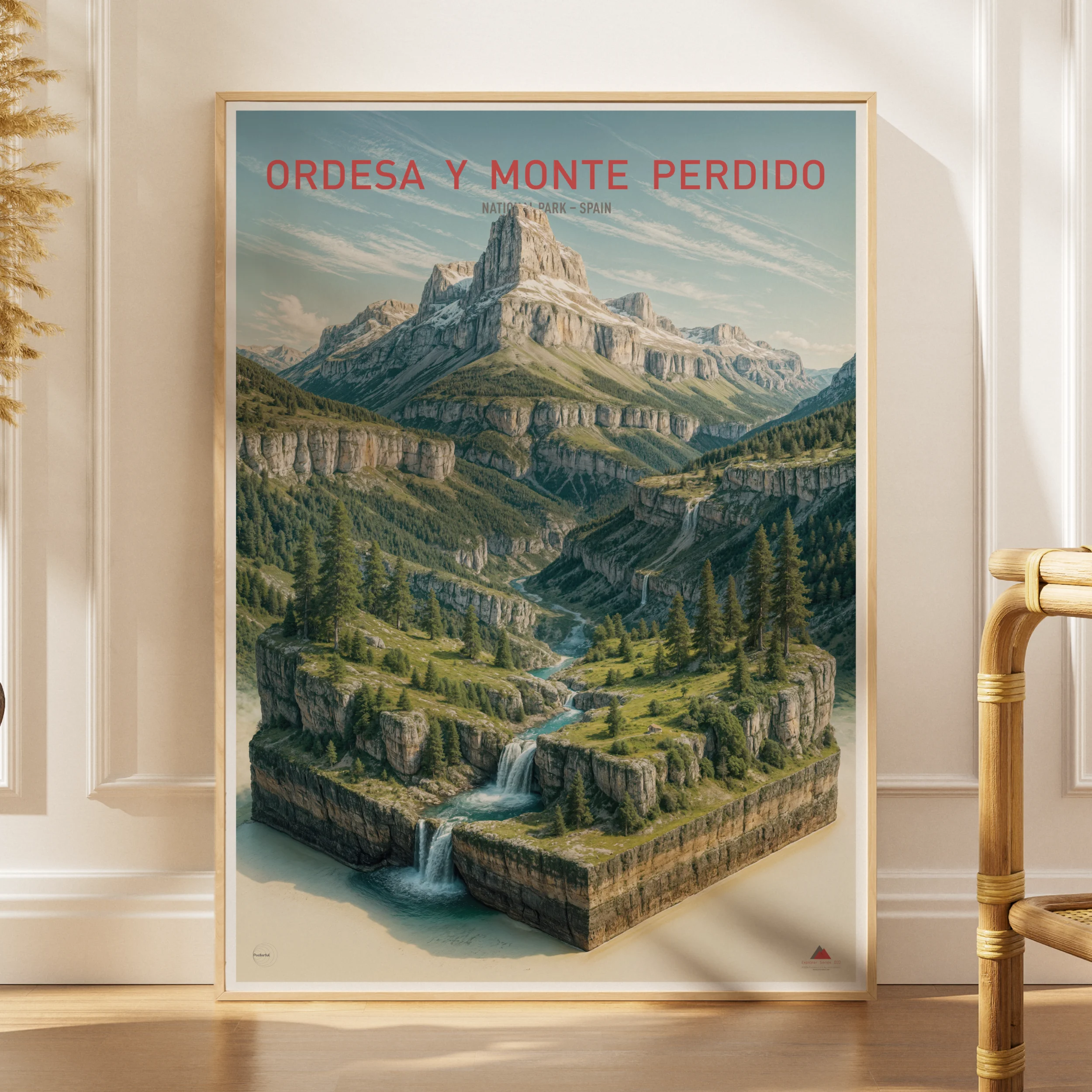 Explorer poster of Ordesa y Monte Perdido National Park in Spain as a 3D canyon and mountain landscape miniature