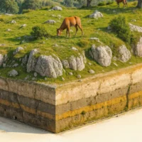 Cross-section terrain showing limestone rock layers beneath the meadows