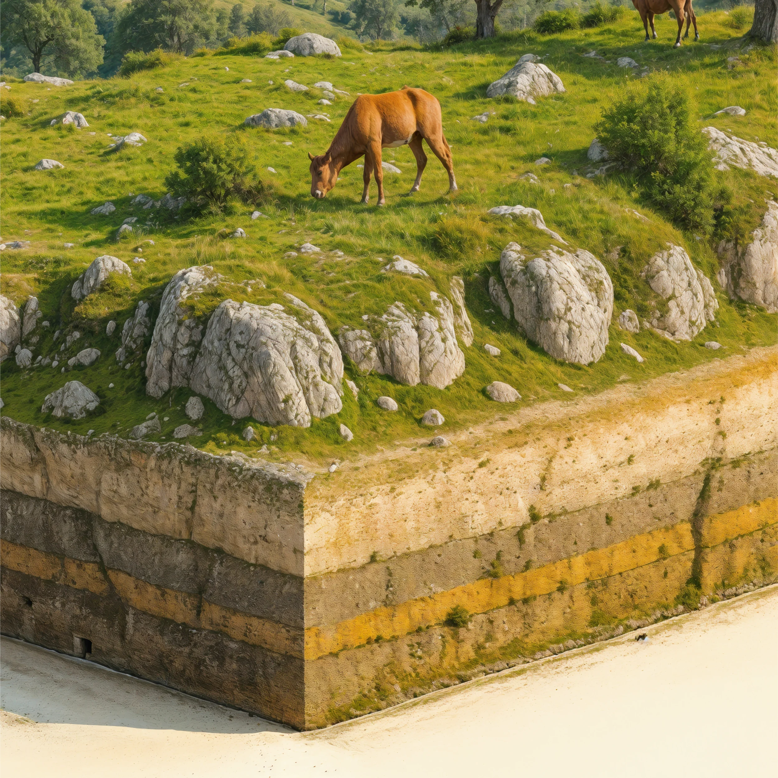 Cross-section terrain showing limestone rock layers beneath the meadows
