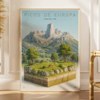 Explorer poster of Picos de Europa National Park in Spain as a 3D alpine landscape miniature