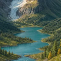 Turquoise alpine lake winding through a forested valley