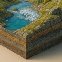 Cross-section terrain showing layered bedrock and glacial strata